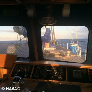View of the Evohe wheelhouse as the first evening at sea settles in